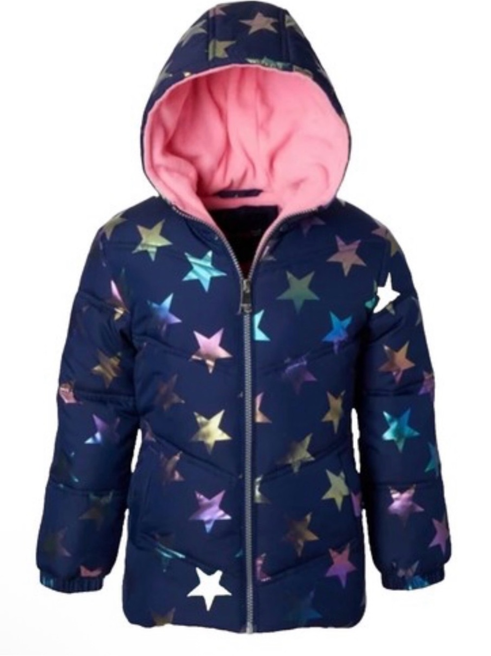 Pink Platinum Navy Star Print Puffer with Pink Hood Lining